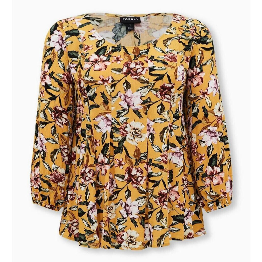 Torrid 3 Yellow Floral Fit And Flare Crinkle Gauze‎ Top Womens Plus